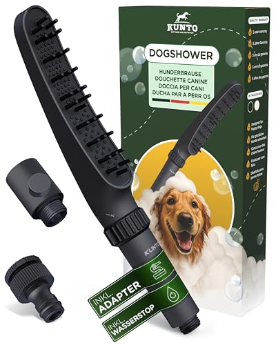 KUNTO® Hundebrausekopf inkl. Gartenschlauchadapter & Wasserstop - Hundedusche Duschkopf mit 79 Düsen, 4 Strahlarten & 30 Silikon-Massage-Borsten - Mobile Hunde-Duschbrause für drinnen & draußen
