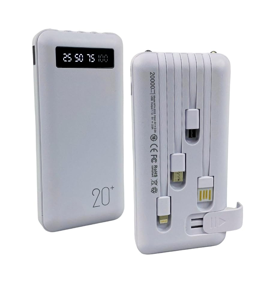Power Bank 20000mAh, Powerbank USB con 4 Cavi Integrati, Ricarica Veloce, Caricabatteria Portatile 2 Ingressi Batteria Esterna Fast Charge con Torcia LED Compatibile Smartphone Tablet