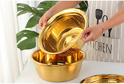 QOBIMOON 3PC/Set Colander set Stainless Steel Vegetable Slicer Fruit Potato Peeler Carrot Grater Strainer Utensil Round Rice Washer Bowl Drain Basket-Gold