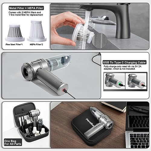 Image of PeroBuno Car Vacuum Cleaner High Power- 18KPa Powerful- 35 Mins Runtime- 3 Gear- 2 in 1 Compressed Air Duster- Cordless Portable Mini Handheld Vacuum with Brushless Motor and Type C
