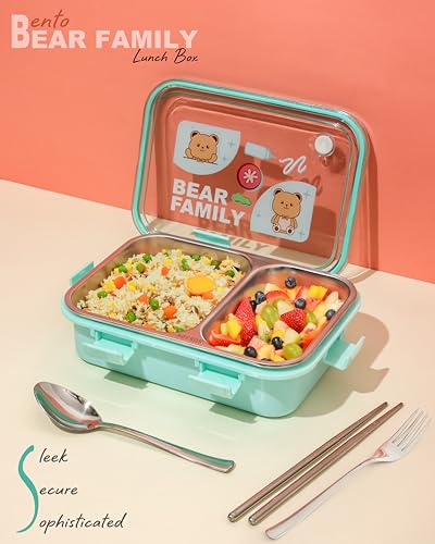Image of Brand Conquer Lunch Box Leak-Proof BPA Free Stainless Steel for School, Lunch Box for School & Office with a Fork, a Spoon and a Pair of Chopsticks (Green, Bear Family 2 Compartment)