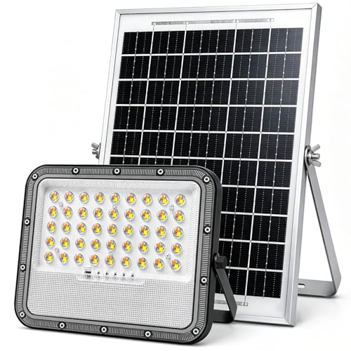 Engrepo Solar Flood Light Outdoor, 3000LM 3 Color Modes Dimmable, 10000mAh Capacity 15H Long-Running, Remote & Motion Sensor, IP65 Waterproof Dusk to Dawn Security Lights for Yard Porch Shed