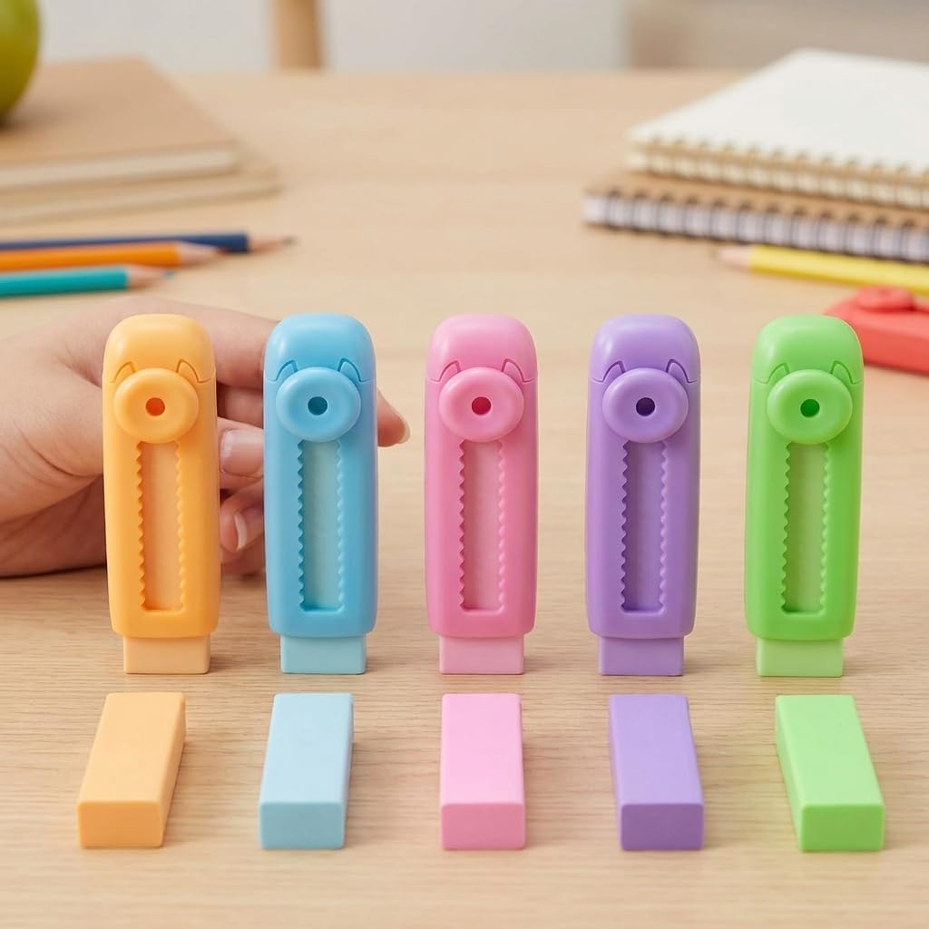 Retractable Pencil Eraser with Holder Push Pull Refillable Set