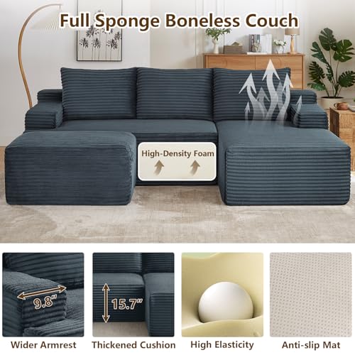 Image of 96 inch U-Shape Cloud Couch, Modern Modular Sectional L-Shape Sofa with Ottoman, Corduroy Upholstered Couches Deep Seat Sleeper Chaise Longue for Living Room, No Assembly Required(Dark Gray, Right Facing)