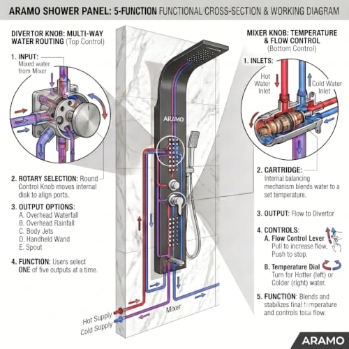 Image of ARAMO ?Brushed Shower Panel - Wave with Waterfall Shower, Massage Jet, 5 Water Functions (Black)