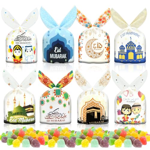AhfuLife 80 Stück Eid Mubarak Süßigkeit Tüten Eid Mubarak Geschenkbeutel Geschenktüten Aid Mubarak Dekoration Aid Hasenohren Tüten für Ramadan Mubarak Partytüten Geschenkverpackung Deko