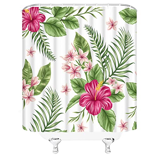 Bstdsysy Tropical Leaves Shower Curtain Hawaiian Tropical Flower Palm Leaf Green Hibiscus Plumeria Pink Floral Botanical Fabric Bathroom Decor Set With Hooks(70" Wx70 H) #TOP2