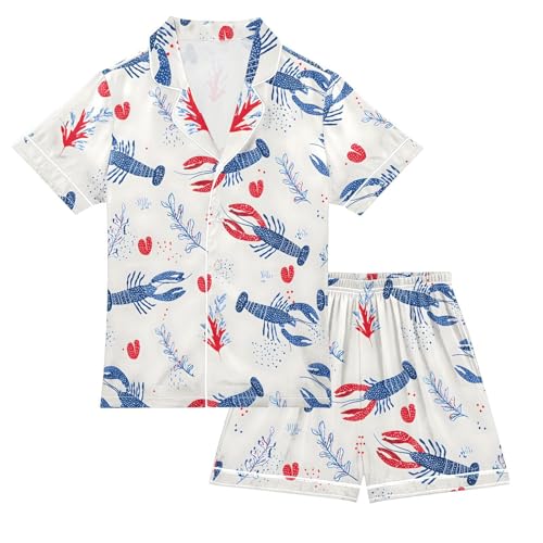 ALAZA Blue Lobster Leaf Heart Satin Pajamas Set Short Sleeve Button Down Sleepwear Summer Pjs 2 Piece