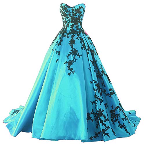 Kivary Gothic Black Satin Lace V Neck A Line Long Prom Corset Wedding Dresses Black Aqua Blue 2 at Amazon Women's Clothing store