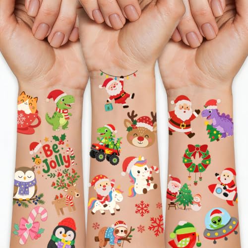 Christmas Temporary Tattoos for Kids, 117 Pcs 2 2 Inch Cute Xmas Cartoon Stickers, Santa Reindeer Snowman Christmas Tree Decals, Holiday Party Favors Supplies