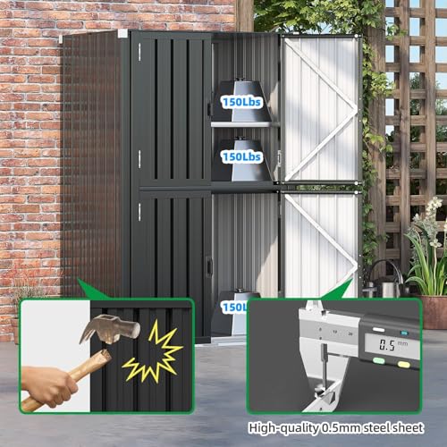 Image of AECOJOY Outdoor Storage Cabinet Waterproof, Large Tall Vertical Storage Shed Weatherproof with Shelves, Lockable Garden Sheds & Outdoor Storage Clearance in Dark Grey