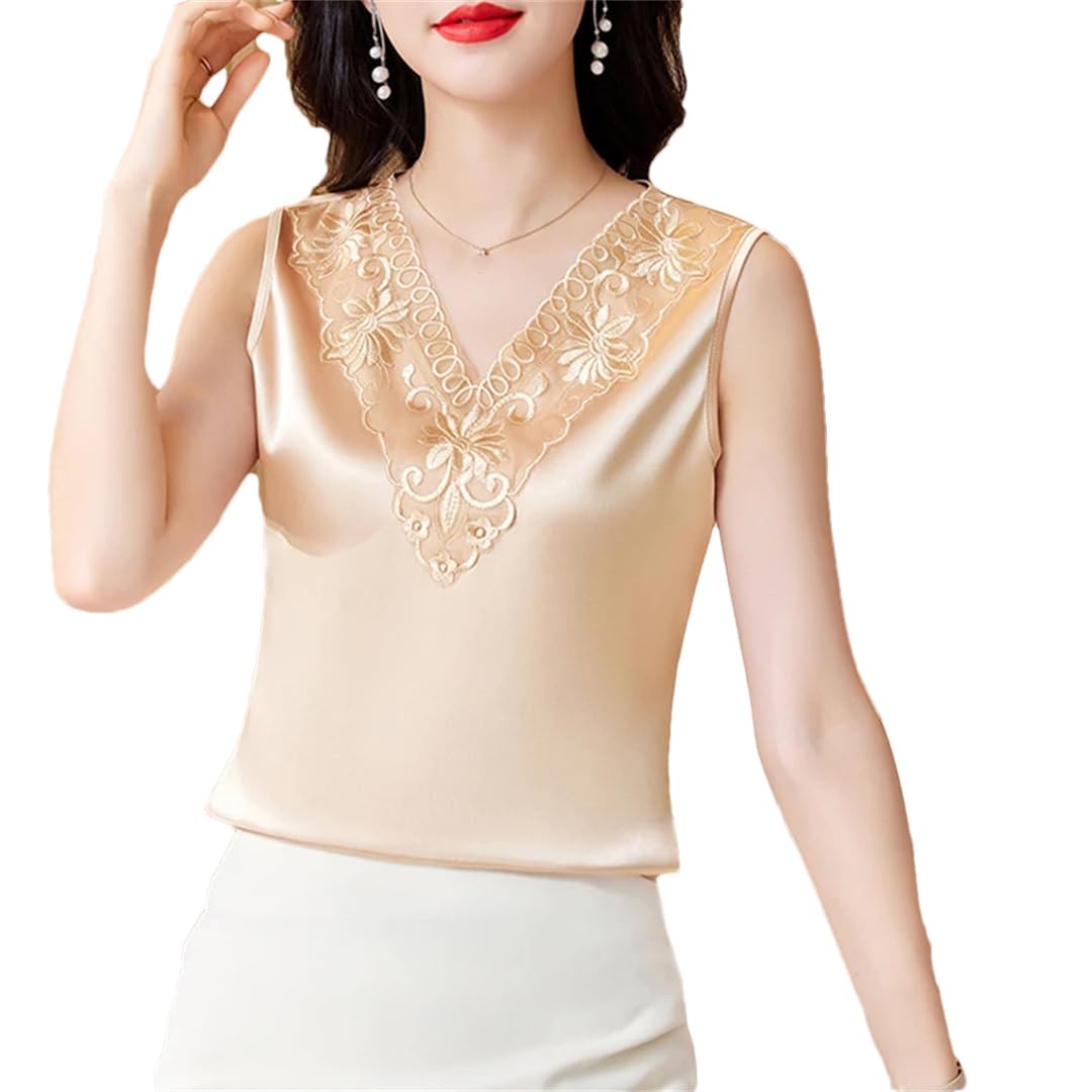 Canottiera estiva da donna in pizzo ricamato, senza maniche, in raso, scollo a V, casual