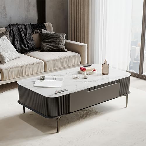 Image of DecorNation Valencia Faux Marble Coffee Table Graphite Grey with Two Drawers Storage - PVD Coated Legs - Modern Living Room Accent Furniture