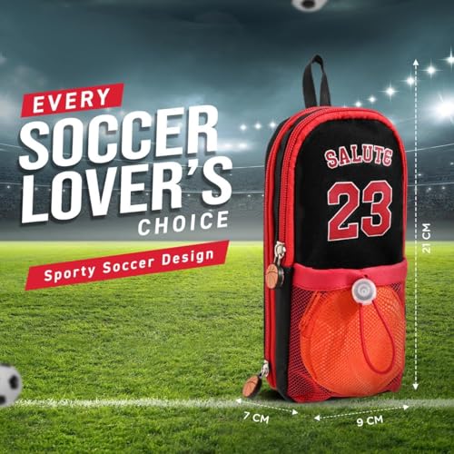 Image of DEOXY Polyester Large Capacity Pencil Pouch with 3 Zippers & 5 Compartments - Waterproof Standing Pencil Case with Metal Zipper + Football Charm & Coin Pouch (Idol), red