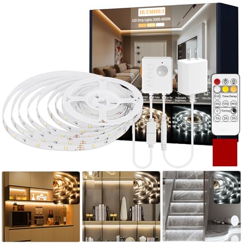 Motion Activated LED Strip Lights,16.4Ft Ultra Brighter 150LED Motion Sensor Light Strip with Timer and Remote,Cuttable Dimmable 3000-6000K 12V LED Tape Light,Indoor Night Light for Bed Wardrobe Stair