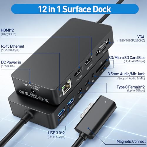 Surface Docking Station 12 en 1 con HDMI triple pantalla para Surface Pro y Go 2
