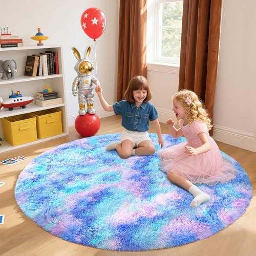 Rainbow Round Rug for Bedroom, 4Ft Fluffy Circle Area Rugs for Living Room, Shag Fuzzy Carpet for Kids Room, Nursery, Dorm, Classroom, Teen, Cute Baby Play Mat Home Decor Aesthetic, Blue