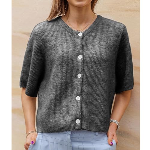 Image of Women Y2K Knit Cardigan Short Sleeve Crewneck Solid Color Button Down Tops Casual Going Out Sweater Streetwear