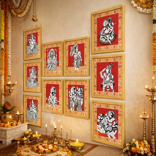Image of Dashavatar Wall Art Paintings With Frame For Living Room | 10 Avatars of Lord Vishnu Framed Paintings | Sacred Hindu Spiritual Wall Decor Poster for Home, Pooja Room, Gifting, Set of 10, Size 24x24 cm