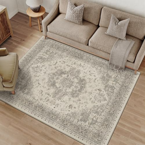 PureCozy Waschbarer Teppich Wohnzimmer 120x170cm Vintage Tepich，Beige Grau – Ansicht 1