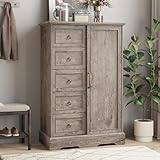 Vabches Farmhouse Dresser Storage Cabinet Chest of Drawer for Bedroom, 5 Drawer Dresser with Sliding Barn Door, 48' Tall Wood Rustic Dresser for Bedroom, Living Room, Entryway, Hallway, Washed Grey