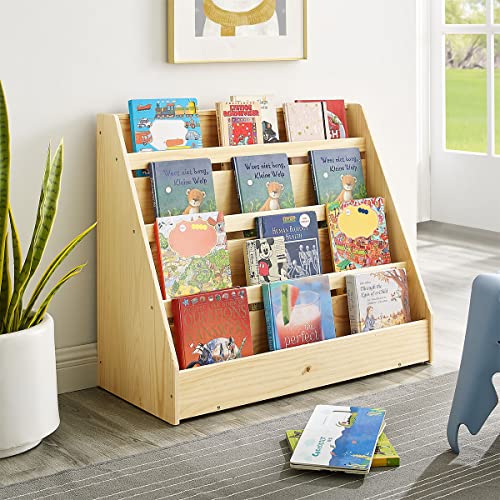 Mushomeinc Pinewood Single-Sided Bookcase Display Stand For Kids, Kids Storage Bookshelf With 4 Shelves, Book Display Rack For Kids, Natural #TOP29