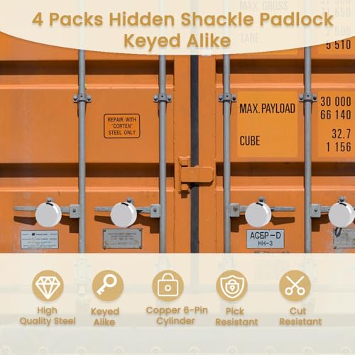 Image of 4 Pack Hidden Shackle Padlock Keyed Alike Heavy Duty Trailer Puck Silver | Trailer Door Lock W /8 Keys, Anti Theft, 2-7 /8 inch Solid Steel, for Trailers Trucks Vans, Shed Gates Garage