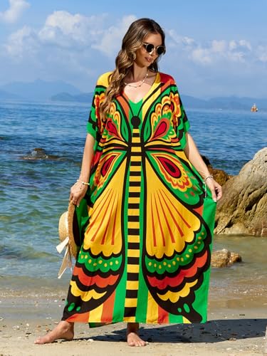 Image of sunforyou Kaftan Dresses for Women Plus Size Lightweight Swimsuit Cover up Batwing Sleeve Print Loungewear Beach Robe
