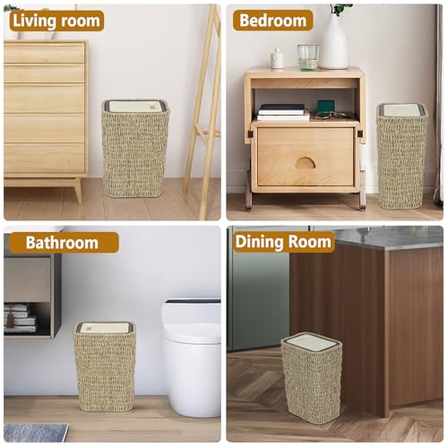 Image of Trongee Boho Trash Can with Lid,3 Gallon Small Rattan Trash Can with Press Top Lid,Slim Wicker Waste Basket and Hamper 2 in 1 for Bathroom,Seagrass Woven Garbage Can Trash Basket for Bathroom,Kitchen