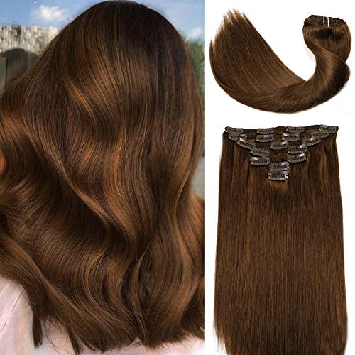 Clip In Hair Extensions Human Hair New Version Thickened Double Weft Brazilian Hair 120g 7pcs Per Set 9A Remy Hair Medium Brown Full Head Silky Straight 100% Human Hair Clip In Extensions(16 Inch #4)
