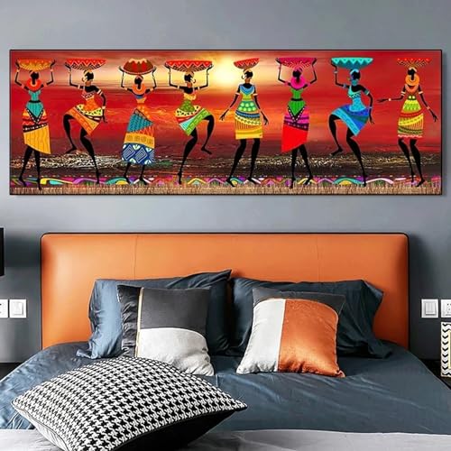 Peinture à l'huile femme noire africaine sur toile grand format salon 60x145 cm