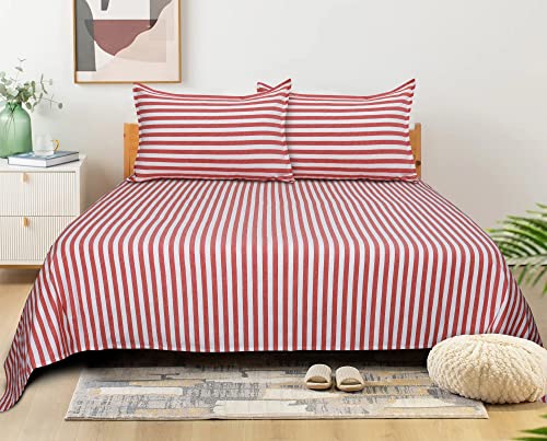 Image of AIRWILL, 200GSM Handloom Cotton Double Bedsheet with 2 Pillow Covers (Candy Stripe Red)