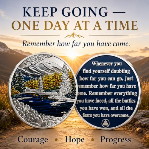 Image of Imasoner Inspirational Sobriety Coin Mountain Lake AA Recovery Medallion | Motivational Message Remember How Far You Have Come Recovery Token, Sponsor Sponsee Sober Milestone Gift for Women and Men
