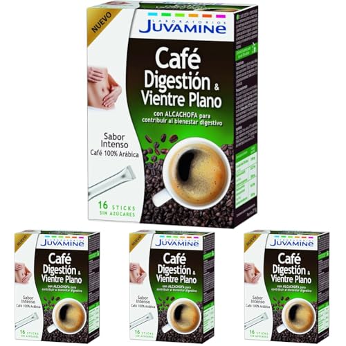 JUVAMINE - Café Vientre Plano y Digestión - Sticks Café 100% Arábica - Sabor Intenso - Tueste Medio - Con Alcachofa - Bienestar Digestivo y Vientre Plano - 16 sticks (Paquete de 4)