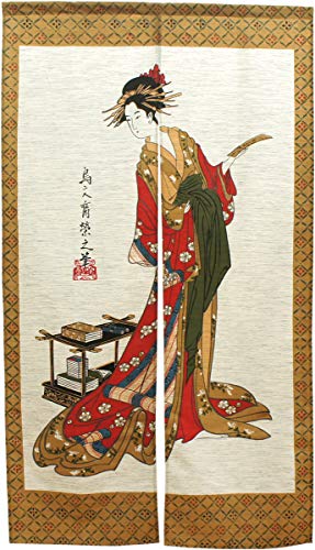 のれん工房 のれん 浮世絵 和風 タペストリー半間のれん 伝統 幅85×丈150cm 短冊と女 モヘア生地 3027