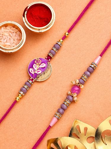 Image of Sukkhi Rakhi Beautiful Floral Design Purple Meenakari Work with AD Stones & Pearls Combo Rakhi For Brother with Roli Chawal & Greeting Card|Quirky Rakshabandhan Rakhi for Bhaiya|Set of 2|CBRAK107434