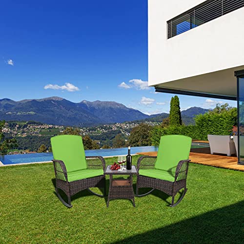Leveleve 3 Pcs Rocking Bistro Set Conversation Chairs Pe Wicker Outdoor Rocking Chairs & Glass Table,For Porch Lawn Garden Backyard Deck (Green) #TOP1