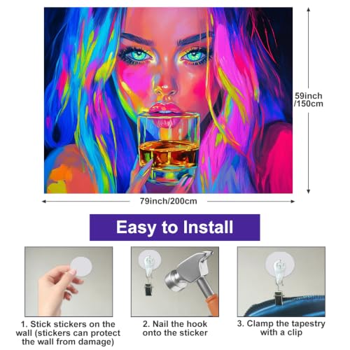 Image of BlissYard Neon Tapestries Cool Girl Anime Wall Tapestry Aesthetic Blacklight Tapestry UV Reactive Purple Tapestries Glow In The Dark Art Wall Hanging Poster Room Bedroom Party Backdrop Decor 78x59 In