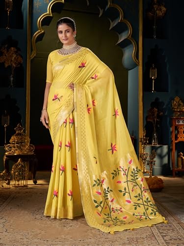 Image of MADHUHANSH Women's Cotton Linen Saree with Unstitched Blouse Piece and Floral Printed Pattern | Women Saree for Special Occasion | Stylish Modern Sarees