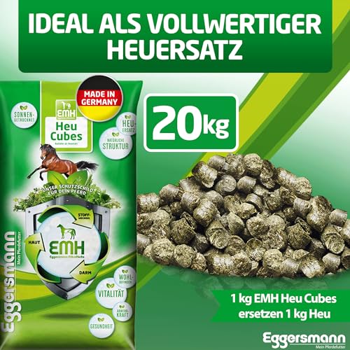 Eggersmann Mein Pferdefutter EMH Heu Cubes 20 kg - Raufutter aus sonnengetrocknetem Heu ideal als kompletter Heuersatz für Pferde & Ponys - Pferdefutter ideal bei Zahnproblemen - Deutsche Herstellung