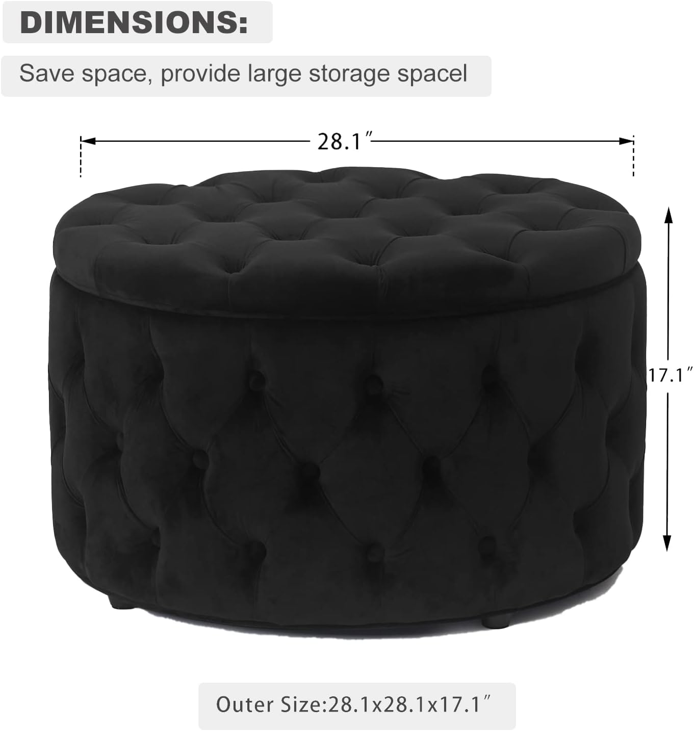 Homebeez 28 Inch Round Velvet Storage Ottoman, Button Tufted Footrest Stool Coffee Table for Living Room, Black