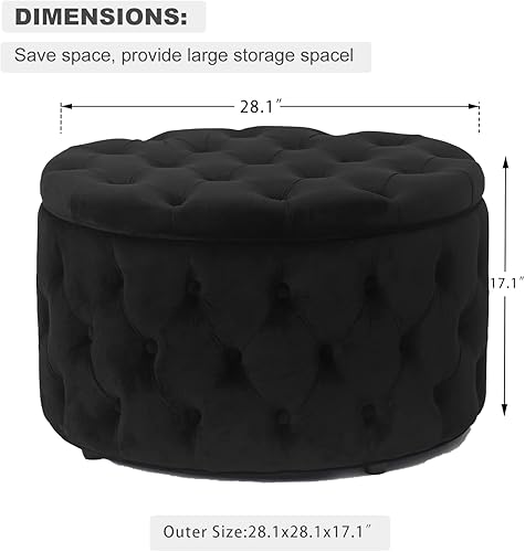 Miniatura 3 de Homebeez Otomana redonda de terciopelo de 28 pulgadas, reposapiés con botones copetudos, mesa de centro para sala de estar, gris a rayas