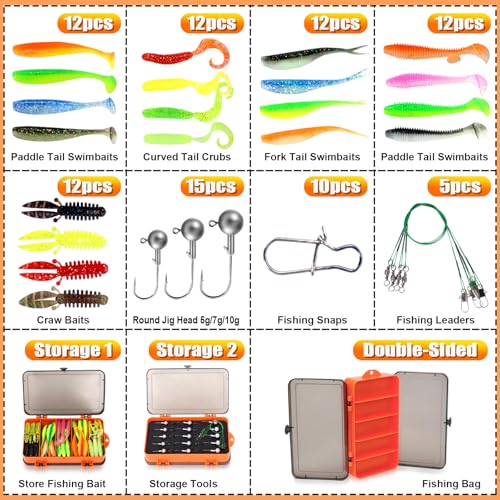Kit de Señuelos de Pesca, Caja de Equipamiento con 91 Piezas incluyendo Cola Swimbaits, Gusanos Suaves, Cabezas Jig para Pesca, Líderes y Anzuelos miniatura 5