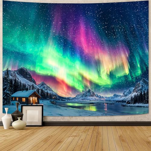 Spenlife Winter Aurora Borealis Cabin Tapestry Scenic Northern Lights Mountain Wall Hanging for Cozy Bedroom Living Room Decor 60x44 Inch