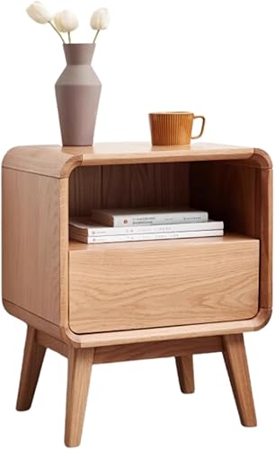 Hymus Mesita de noche 100% madera de roble macizo, práctica mesa auxiliar con almacenamiento, mesa auxiliar de cama, mesita de noche pequeña, mesita