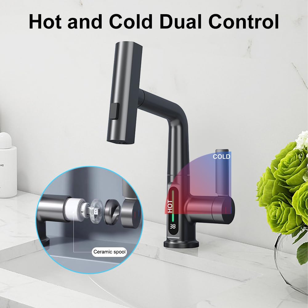 Robinets de cuisine avec rotation à 360 degrés extensible avec pulvérisateur extractible, robinet 3 voies avec régulateur de jet, noir