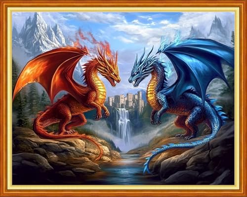 Image of Redxing Stamped Cross Stitch Kits Full Range of Embroidery Starter Kits- Needlepoint Counted Cross Stitch Kits for Beginner Adults 11CT Printed Embroidery Kit-Water Fire Dragon Landscape 16x20 inch