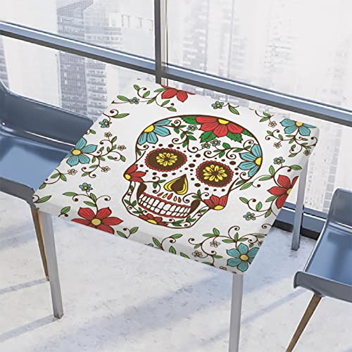 Sugar Skull Mexicon Flower Square Tablecloth with Elastic Edge,Chic Day Of The Dead Floral Fitted Table Cloth Waterproof Wipeable Square Table Cover for Dining Kitchen Party Patio Table 46x46 Inch