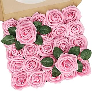 Titantin Artificial Pink Foam Rose Flowers 25PCS for DIY Weddings Bouquets Baby Showers Home Decor Table Centrepieces