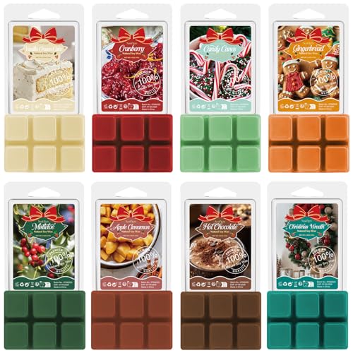 Soulorigin Christmas Scented Wax Melts Holiday Scented Wax Melts Strong Scented Soy Wax Cubes/Tarts for Warmer Candle Wax Melts for Home Mistletoe Christmas Wreath Cranberry Gingerbread 8x2.5oz